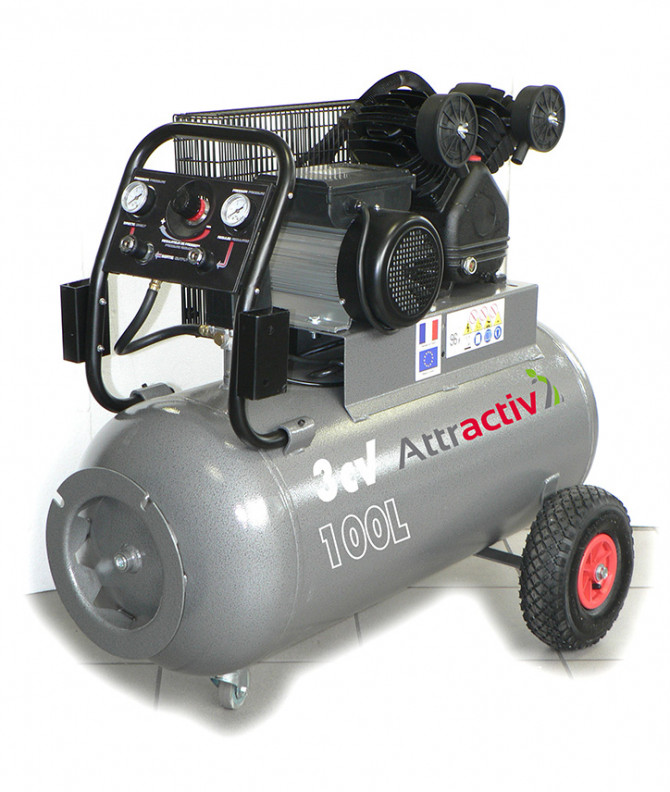 COMPRESSEUR ATTRACTIV COURROIE 100 L TRIPHASE 3 CV BI-CYL EN 'V' 9 BAR AVEC TBB