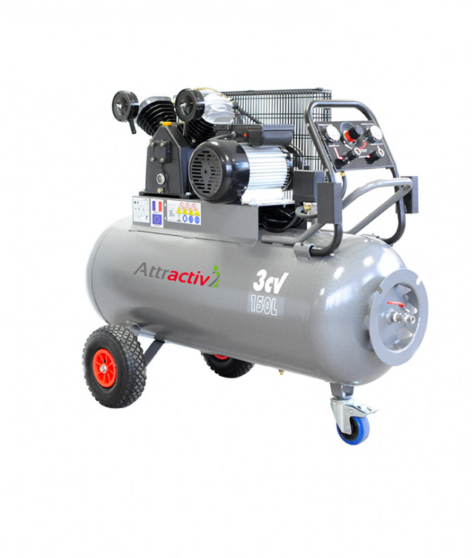 COMPRESSEUR ATTRACTIV COURROIE 150L MONOPHASE 3CV BI-CYL EN 'V' 9BARS AVEC TBB
