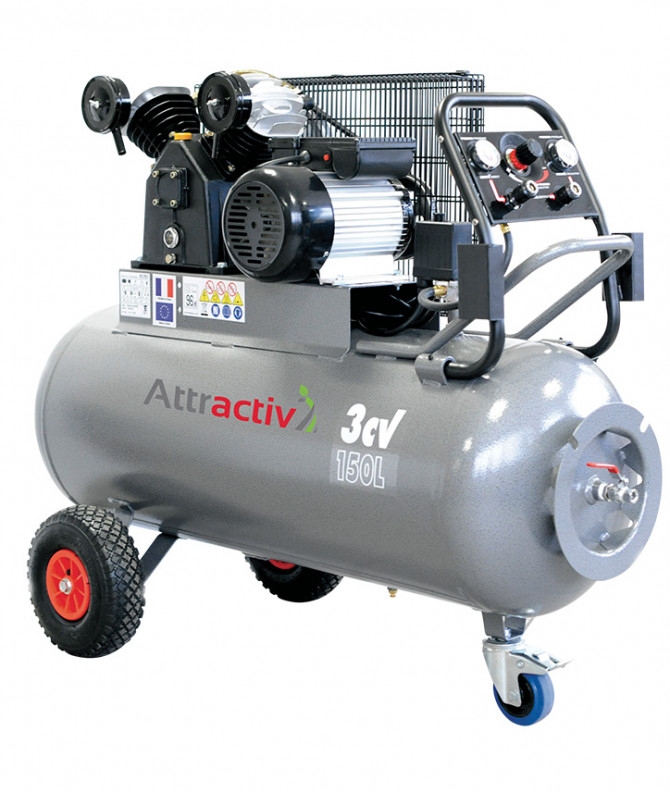 COMPRESSEUR ATTRACTIV COURROIE 150L TRIPHASE 3CV BI-CYL EN 'V' 9BARS AVEC TBB