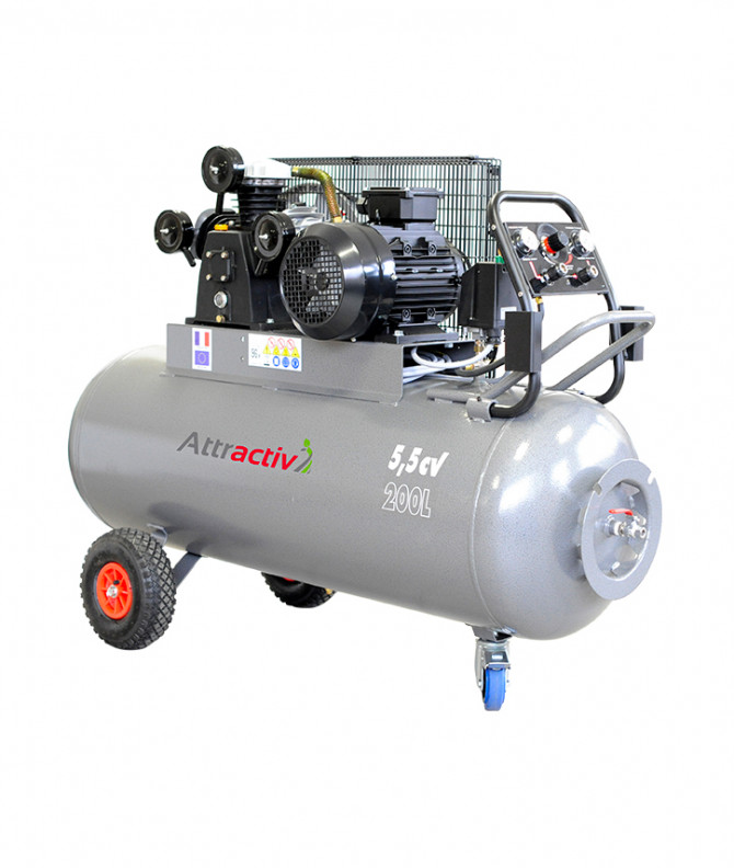 COMPRESSEUR ATTRACTIV COURROIE 200L TRIPHASE 5,5CV TRI-CYL EN 'V' 9BARS AVEC TBB