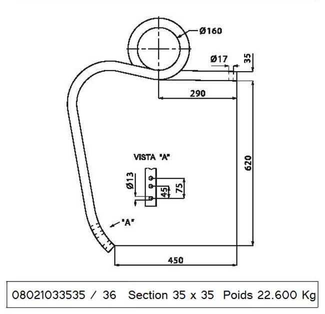 DENT CULTIVATEUR - GAUCHE - MULTIMARQUE - ADAPT - DOUBLE SPIRE GD - 35x35 MM