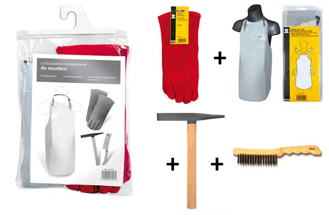KIT EQUIPEMENT PRO DU SOUDEUR : TABLIER + PAIRE DE GANTS + MARTEAU + BROSSE