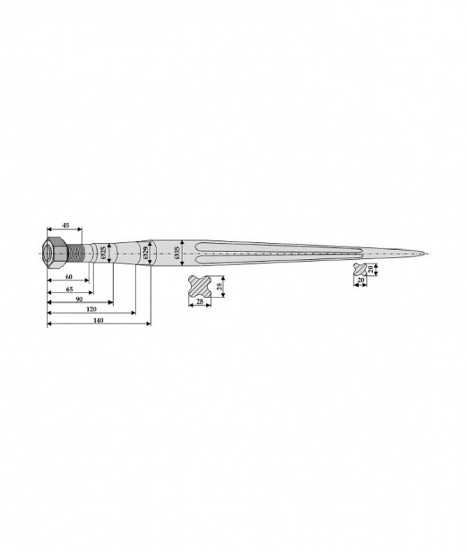 DENT DE FOURCHE DROITE CONE COURT 4003/810 -  Ø35 - LONG : 810 - TYPE : FX/AGRAM